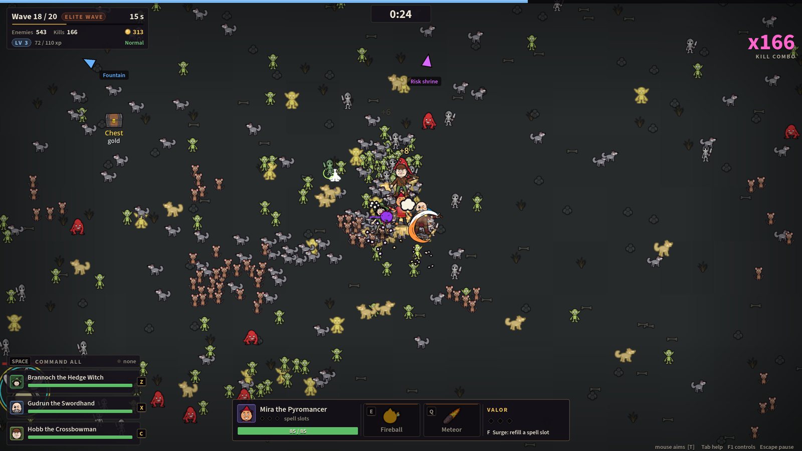Wave 18: a small band of heroes in the middle of hundreds of goblins, skeletons and wolves, with a 166 kill combo.