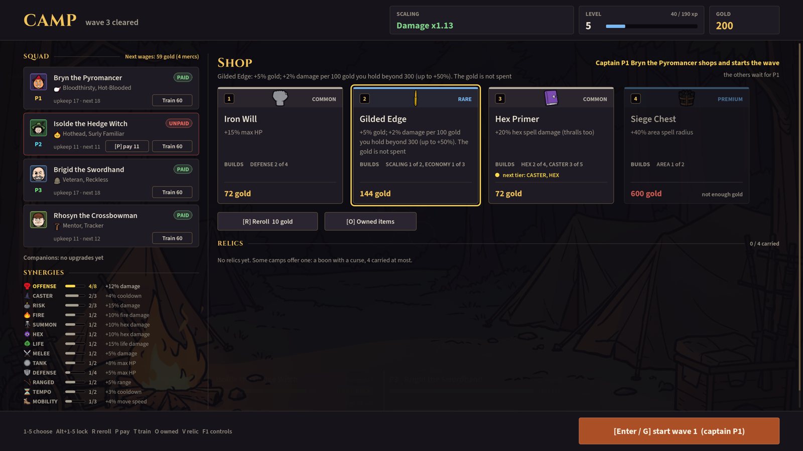 Camp after wave 3: the squad list marks one companion as unpaid, with a button to pay them.