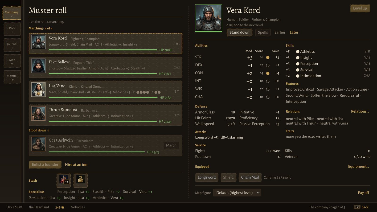 The muster roll: five mercenaries with their gear and health, and Vera Kord's character sheet with her traits and relations.