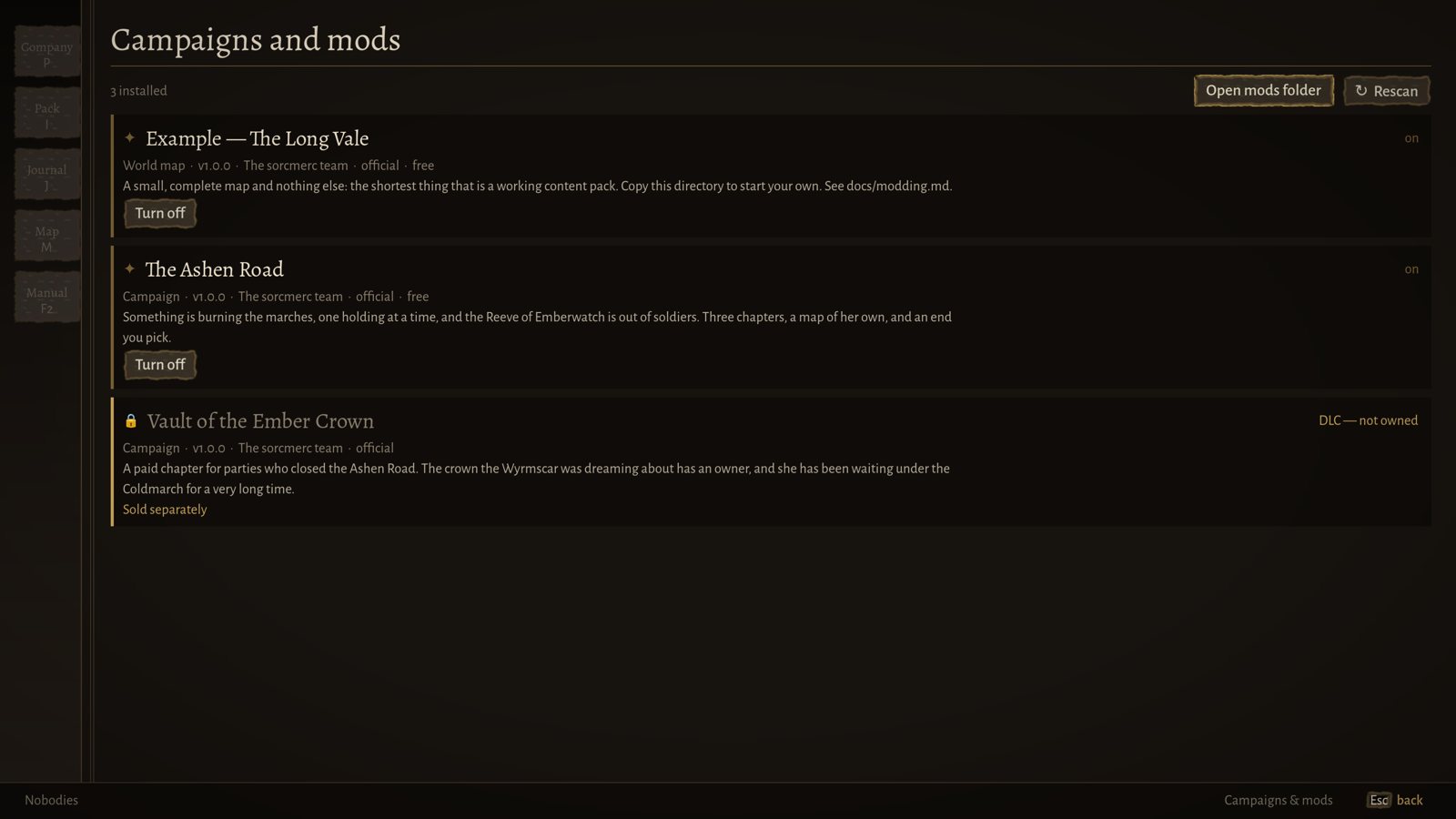 The Campaigns and mods screen listing bundled campaigns, with a button to open the mods folder.