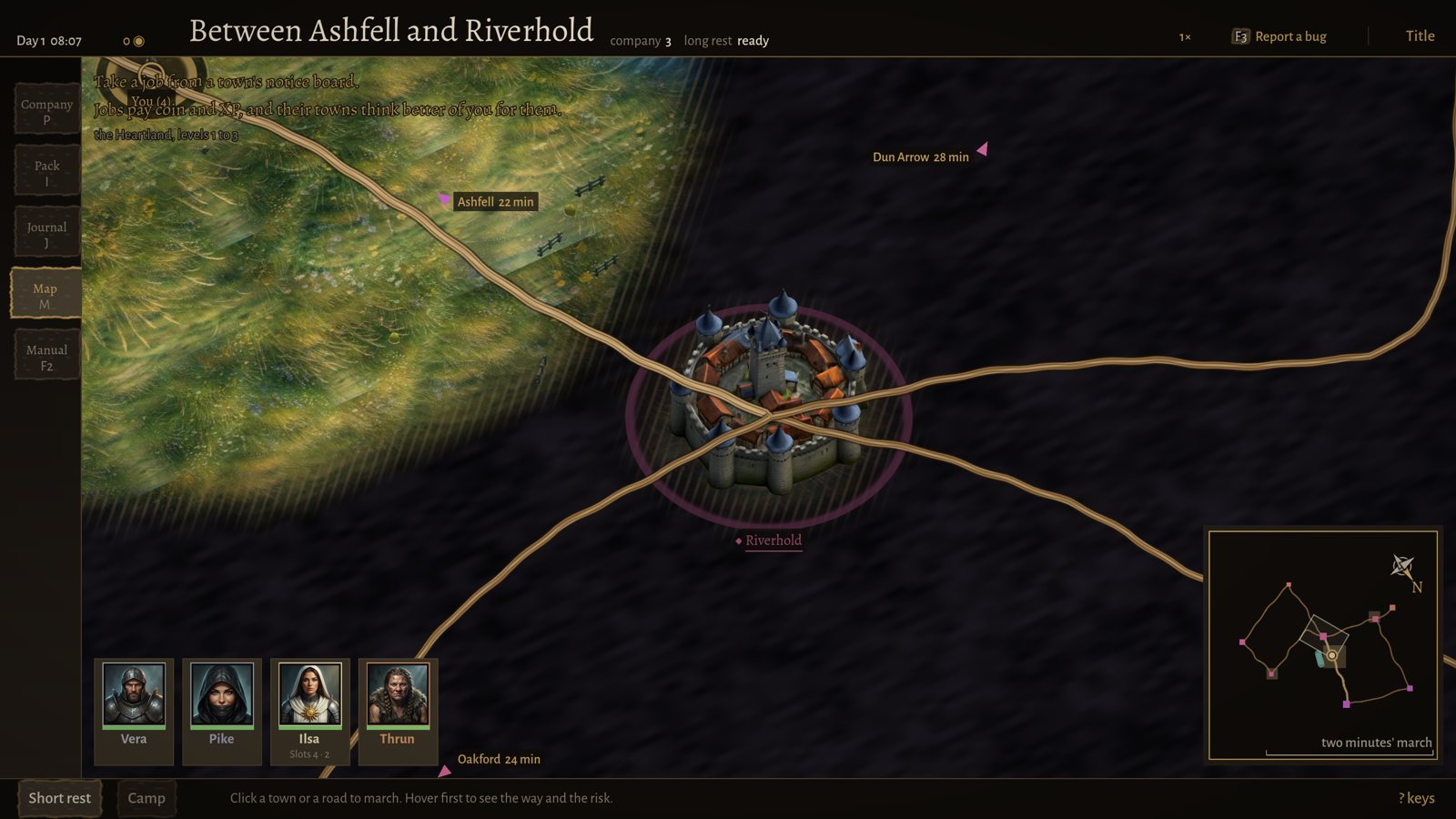 The 3D overworld turned to a new angle: a walled town at a crossroads, grassland, and roads to Ashfell, Oakford and Dun Arrow.